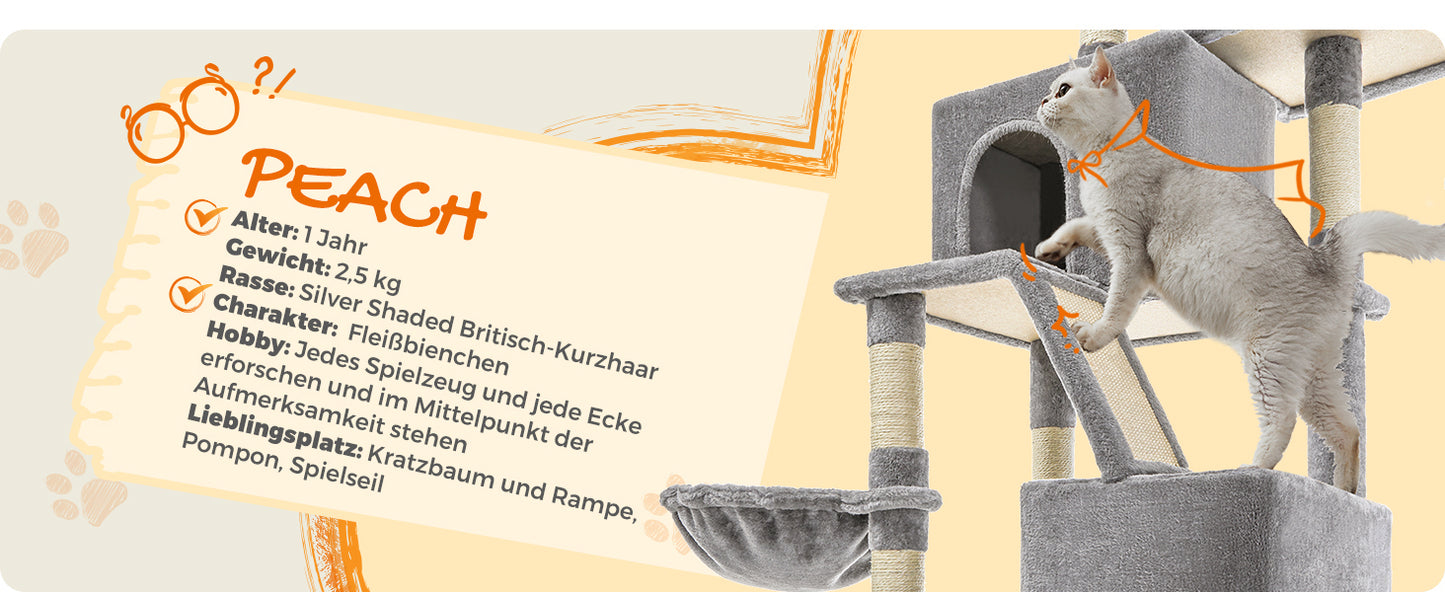XXL-Kratzbaum/-bett mit 5 Ebenen, Höhlen, Hängematte & 13 Sisalstämmen für Mehrkatzenhaushalte