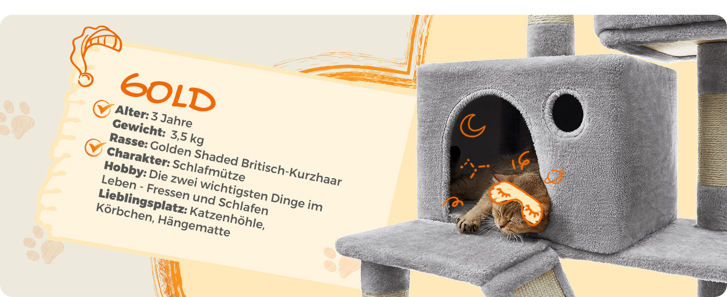 XXL-Kratzbaum/-bett mit 5 Ebenen, Höhlen, Hängematte & 13 Sisalstämmen für Mehrkatzenhaushalte