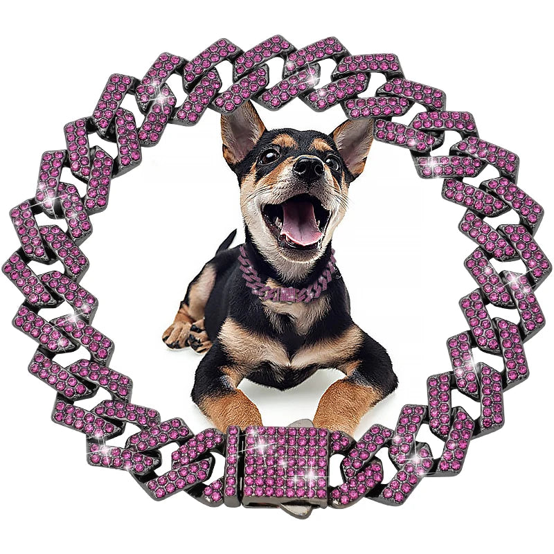 Livepetsme Luxuriöses Haustier-Halsband für Hund und Katze – Cuban Chain mit Strasssteinen für edle Spaziergänge
