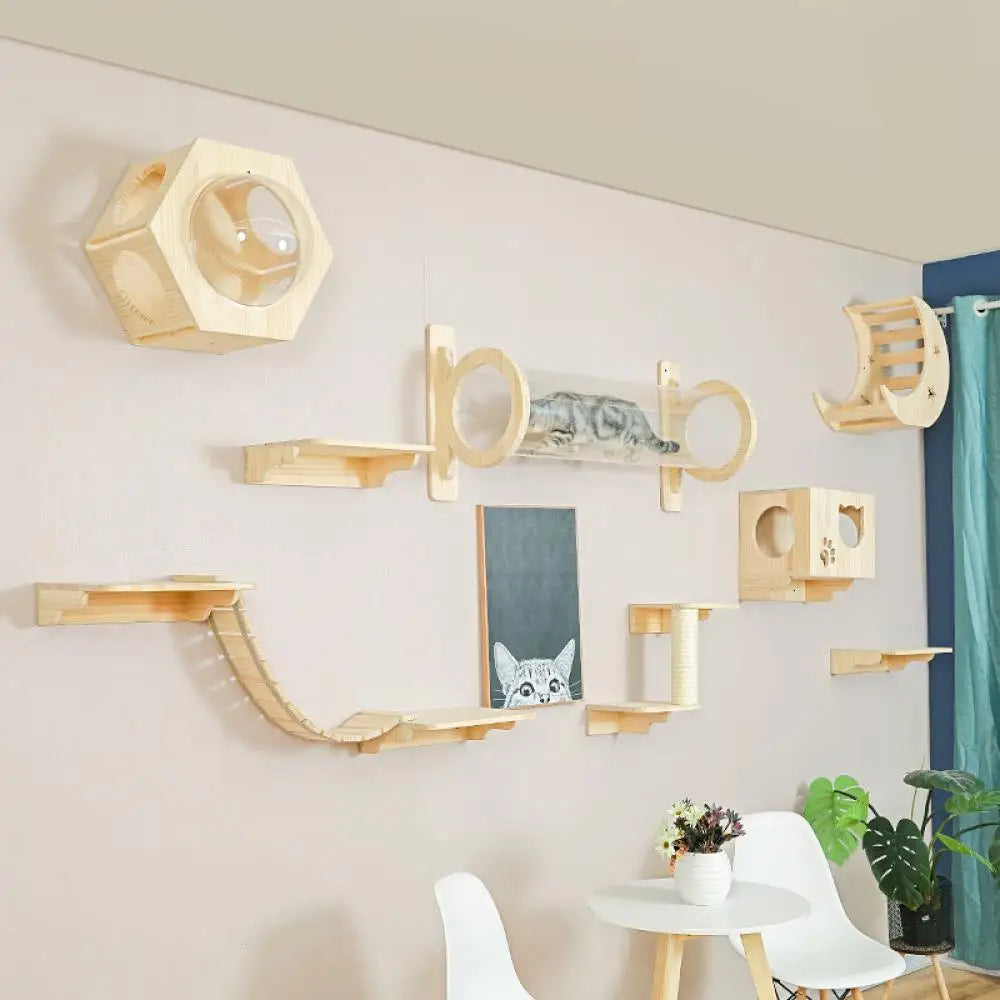 „SkyNest“ – Selbstzusammenstellbare Wandhängende Katzen-Hängematte aus Massivholz mit Kletter- und Kratzfunktion - Das etwas andere Spielzeug!