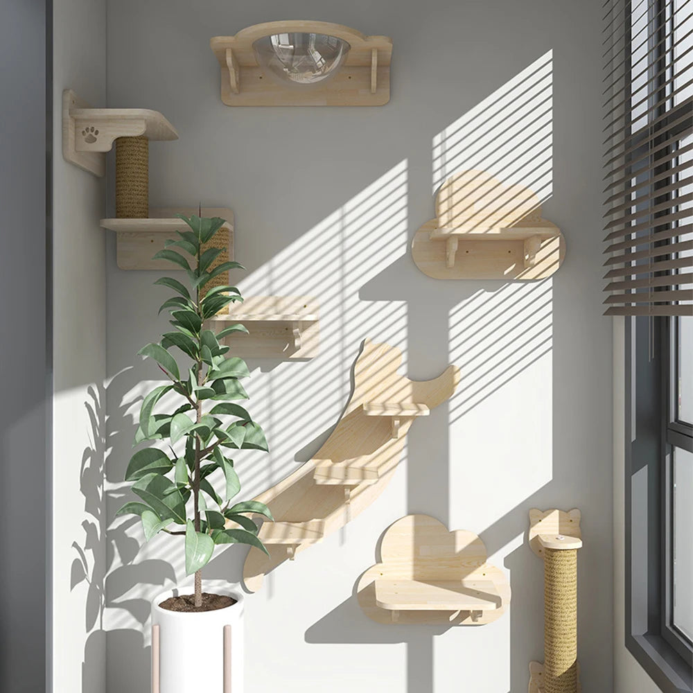 „SkyNest“ – Selbstzusammenstellbare Wandhängende Katzen-Hängematte aus Massivholz mit Kletter- und Kratzfunktion - Das etwas andere Spielzeug!