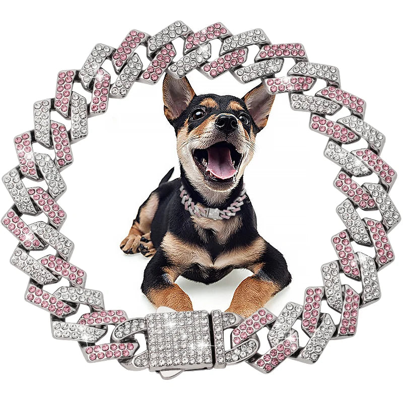 Livepetsme Luxuriöses Haustier-Halsband für Hund und Katze – Cuban Chain mit Strasssteinen für edle Spaziergänge
