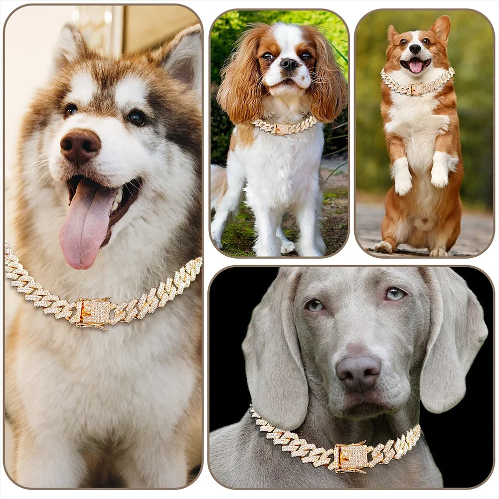 Livepetsme Luxuriöses Haustier-Halsband für Hund und Katze – Cuban Chain mit Strasssteinen für edle Spaziergänge