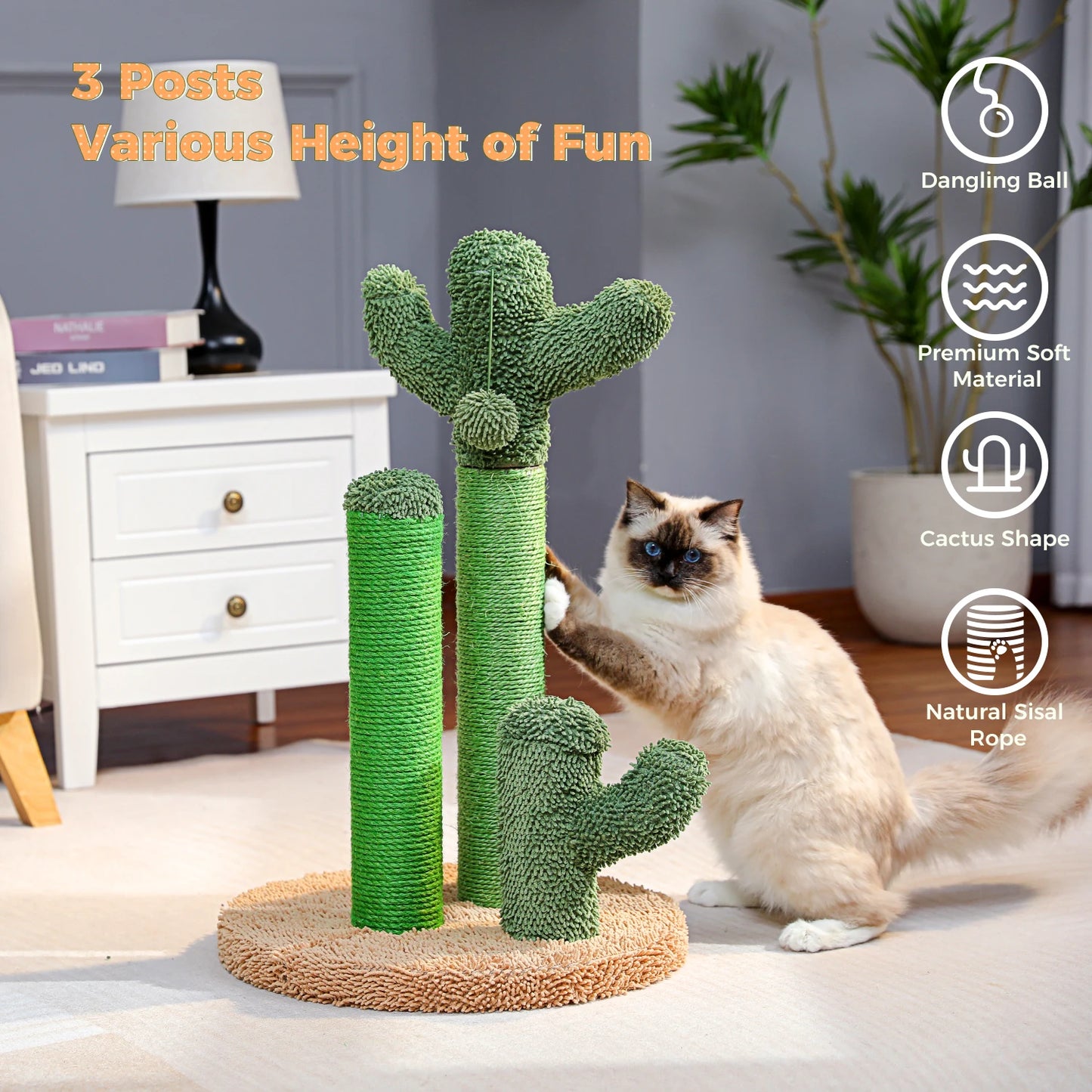 Kaktus Kratzbaum für Katzen mit 3 Sisal-Posten & Spielball – PAWZ Road