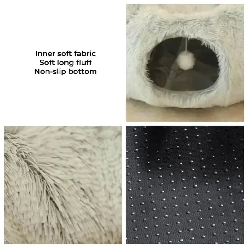 „SnuggleTunnel“ – Rundes Katzenbett mit integriertem Spieltunnel & waschbarem Kissen