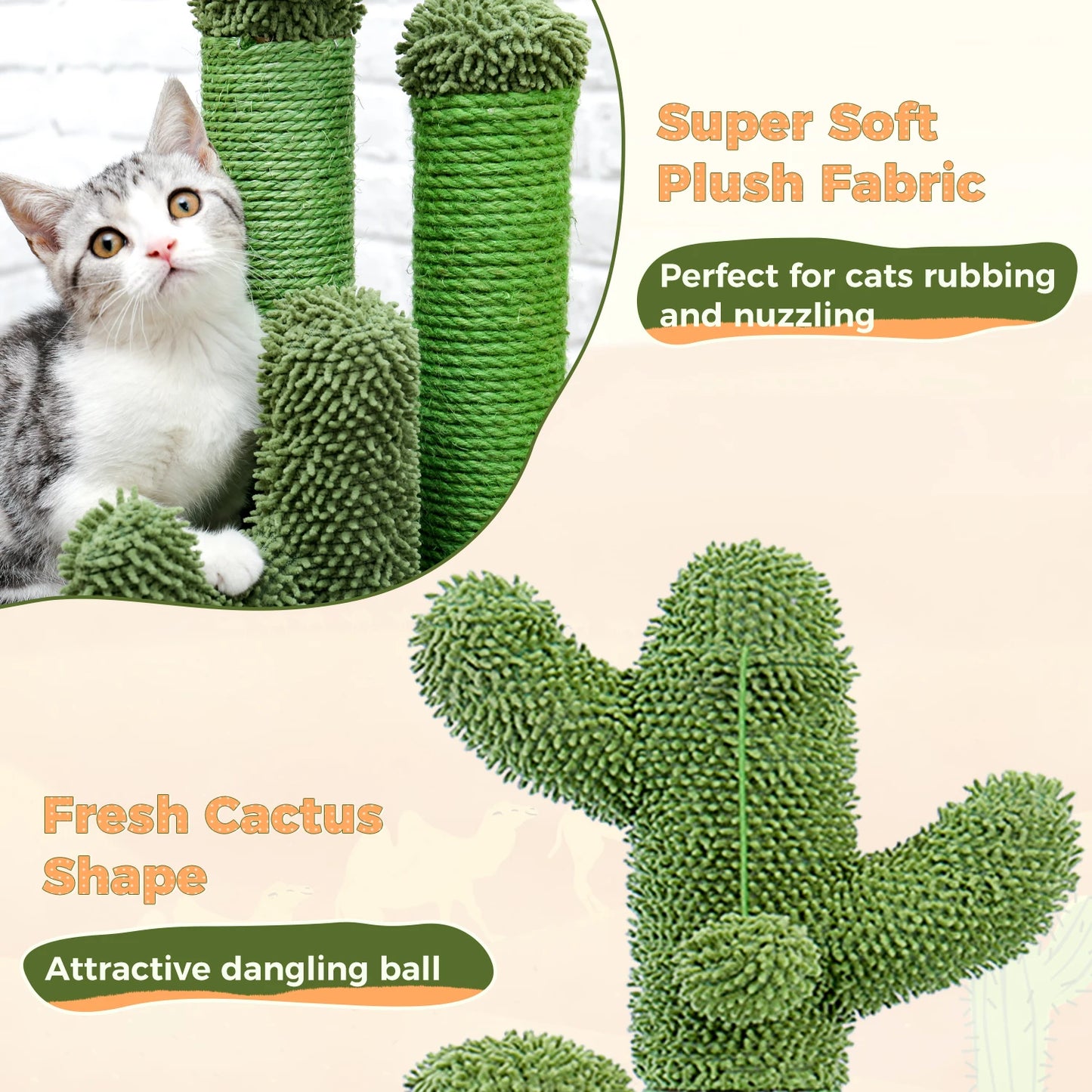 Kaktus Kratzbaum für Katzen mit 3 Sisal-Posten & Spielball – PAWZ Road