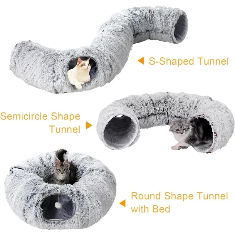 „SnuggleTunnel“ – Rundes Katzenbett mit integriertem Spieltunnel & waschbarem Kissen