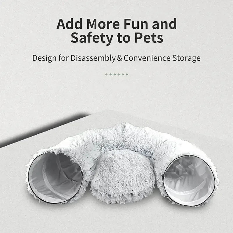 „SnuggleTunnel“ – Rundes Katzenbett mit integriertem Spieltunnel & waschbarem Kissen