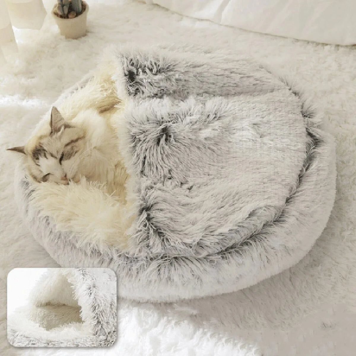 🐾 „SnuggleDome“ – Flauschiges 2-in-1 Katzenbett mit Höhlendecke & abnehmbarem Bezug