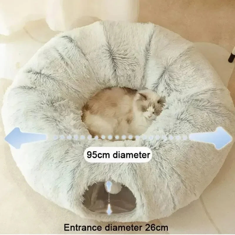 „SnuggleTunnel“ – Rundes Katzenbett mit integriertem Spieltunnel & waschbarem Kissen