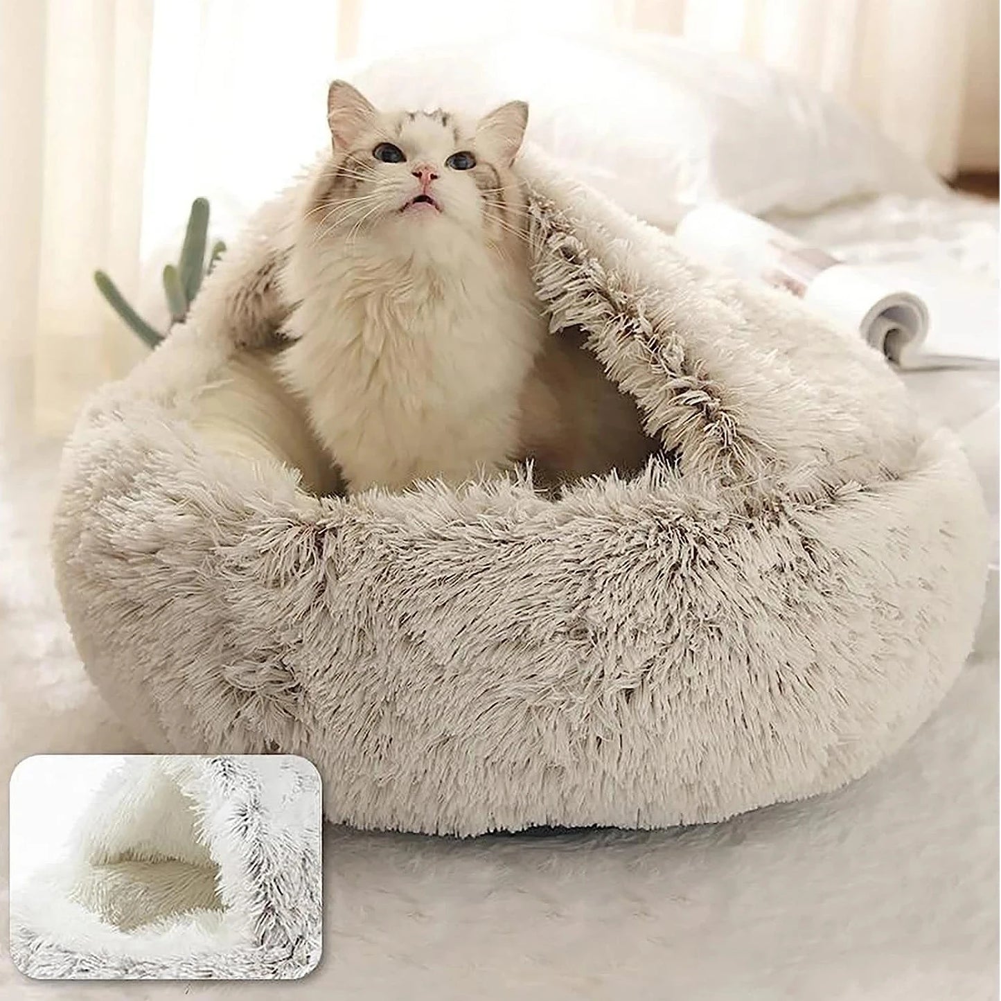 🐾 „SnuggleDome“ – Flauschiges 2-in-1 Katzenbett mit Höhlendecke & abnehmbarem Bezug