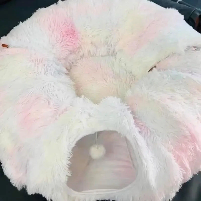 „SnuggleTunnel“ – Rundes Katzenbett mit integriertem Spieltunnel & waschbarem Kissen