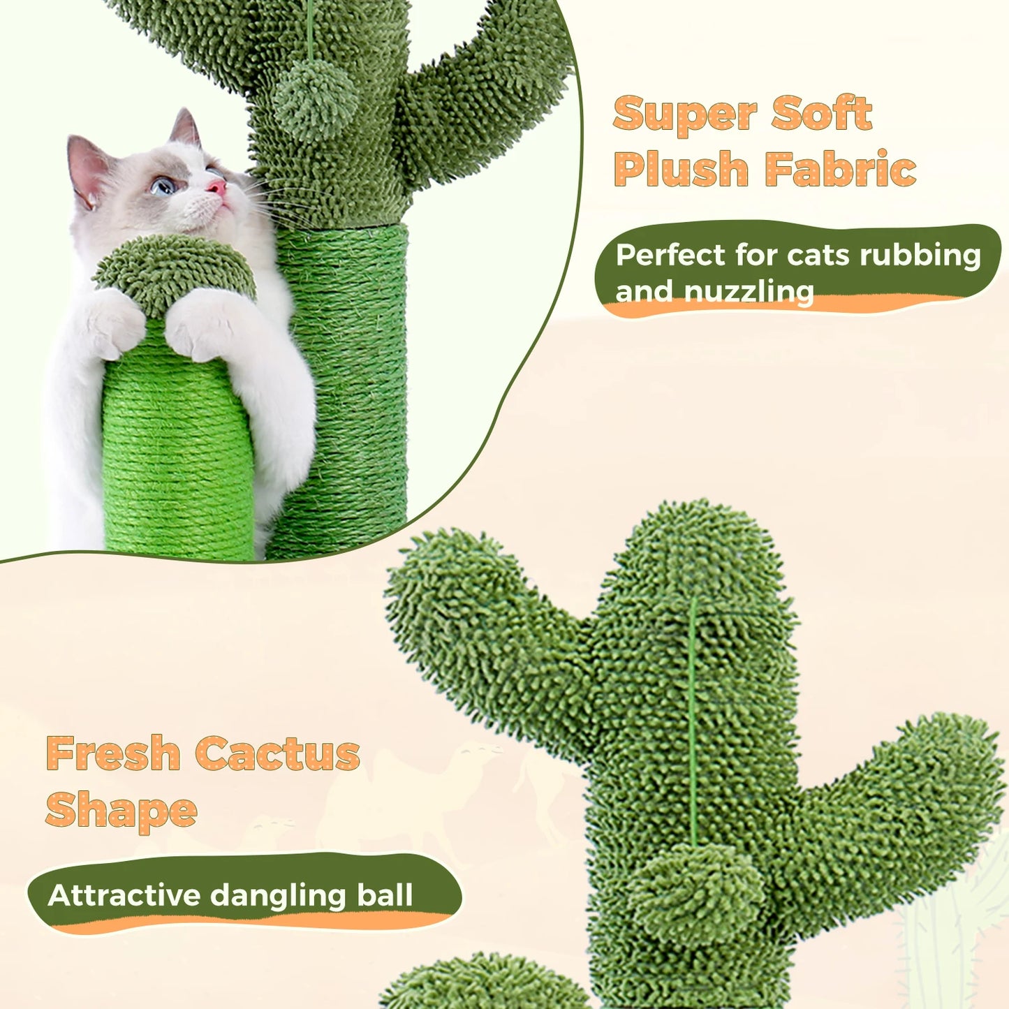 Kaktus Kratzbaum für Katzen mit 3 Sisal-Posten & Spielball – PAWZ Road