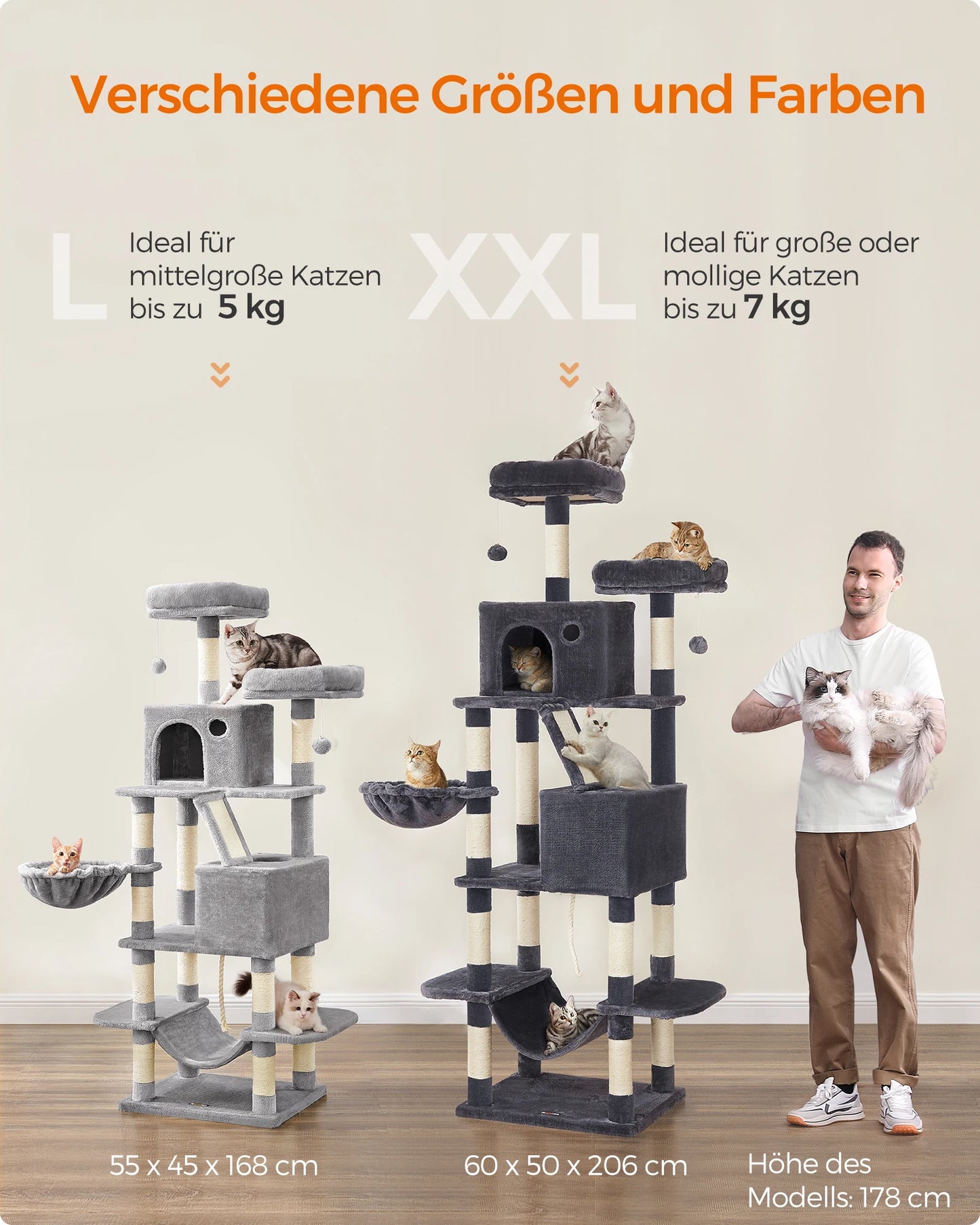 XXL-Kratzbaum/-bett mit 5 Ebenen, Höhlen, Hängematte & 13 Sisalstämmen für Mehrkatzenhaushalte
