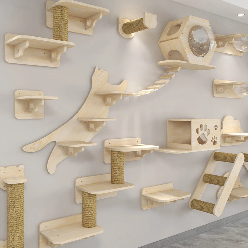 „SkyNest“ – Selbstzusammenstellbare Wandhängende Katzen-Hängematte aus Massivholz mit Kletter- und Kratzfunktion - Das etwas andere Spielzeug!