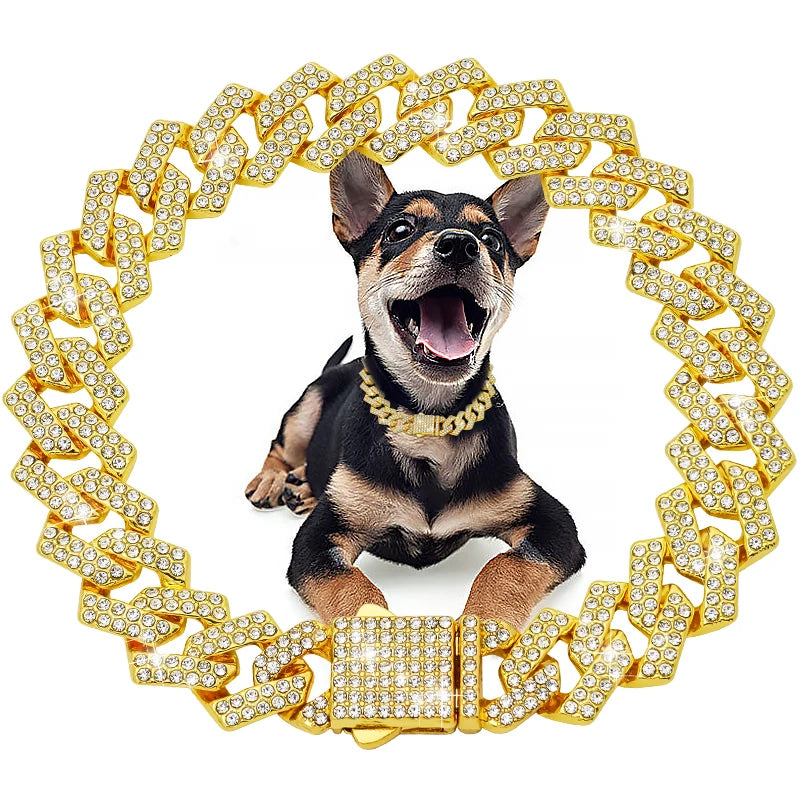 Livepetsme Luxuriöses Haustier-Halsband für Hund und Katze – Cuban Chain mit Strasssteinen für edle Spaziergänge