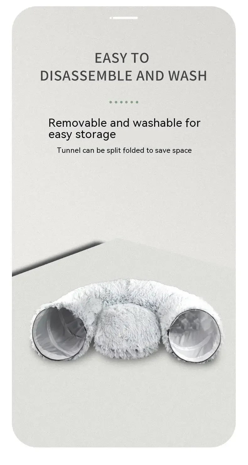 „SnuggleTunnel“ – Rundes Katzenbett mit integriertem Spieltunnel & waschbarem Kissen