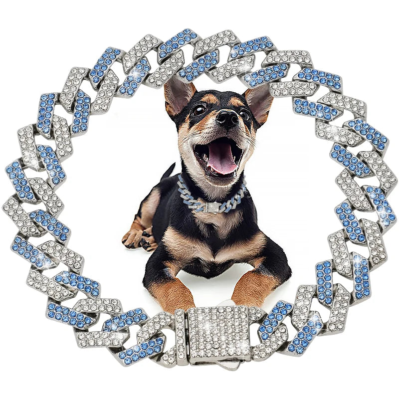 Livepetsme Luxuriöses Haustier-Halsband für Hund und Katze – Cuban Chain mit Strasssteinen für edle Spaziergänge