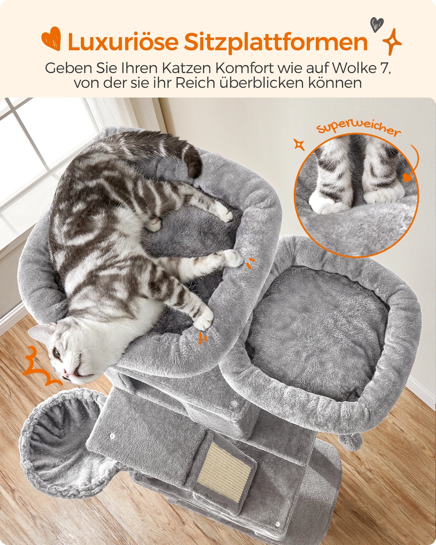 XXL-Kratzbaum/-bett mit 5 Ebenen, Höhlen, Hängematte & 13 Sisalstämmen für Mehrkatzenhaushalte