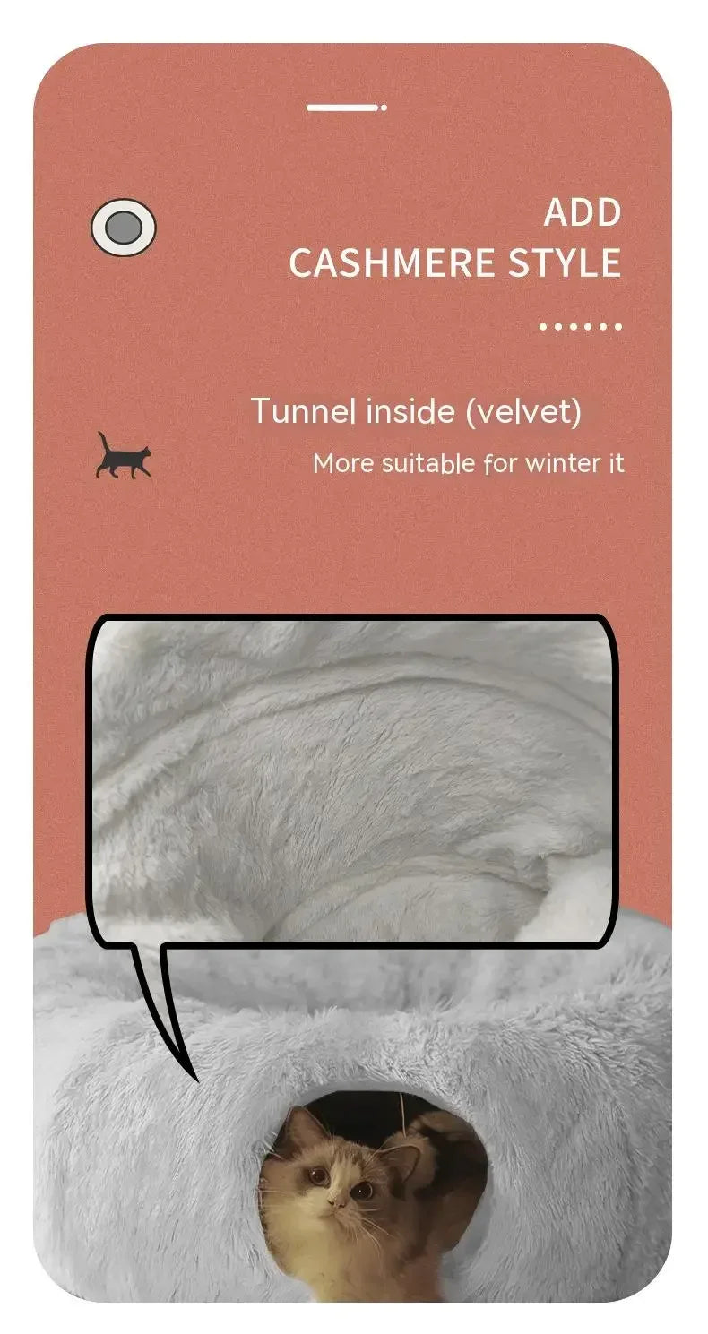 „SnuggleTunnel“ – Rundes Katzenbett mit integriertem Spieltunnel & waschbarem Kissen