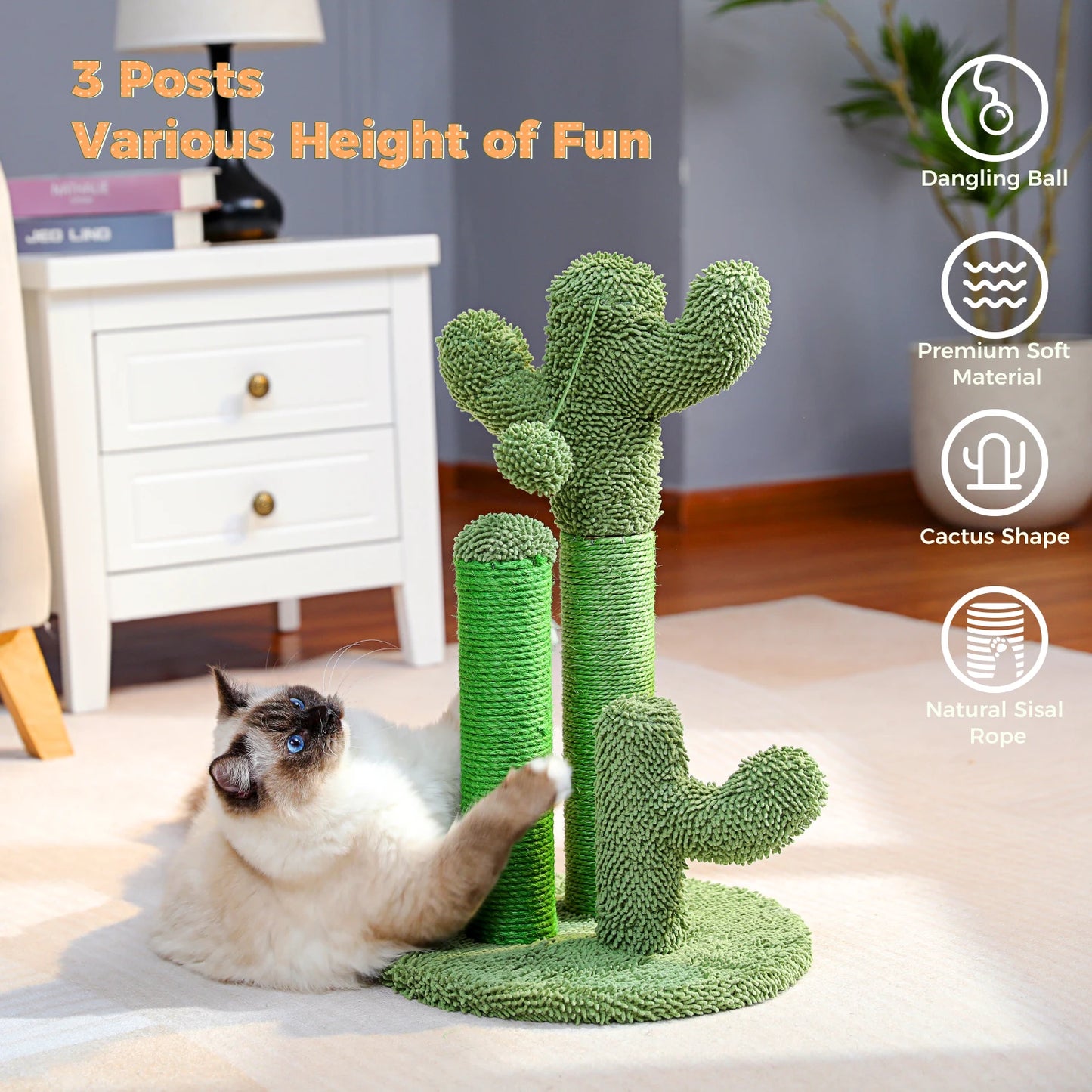 Kaktus Kratzbaum für Katzen mit 3 Sisal-Posten & Spielball – PAWZ Road