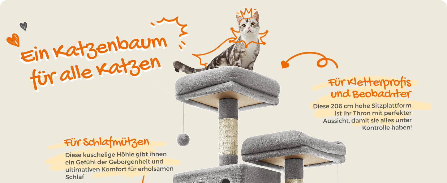 XXL-Kratzbaum/-bett mit 5 Ebenen, Höhlen, Hängematte & 13 Sisalstämmen für Mehrkatzenhaushalte