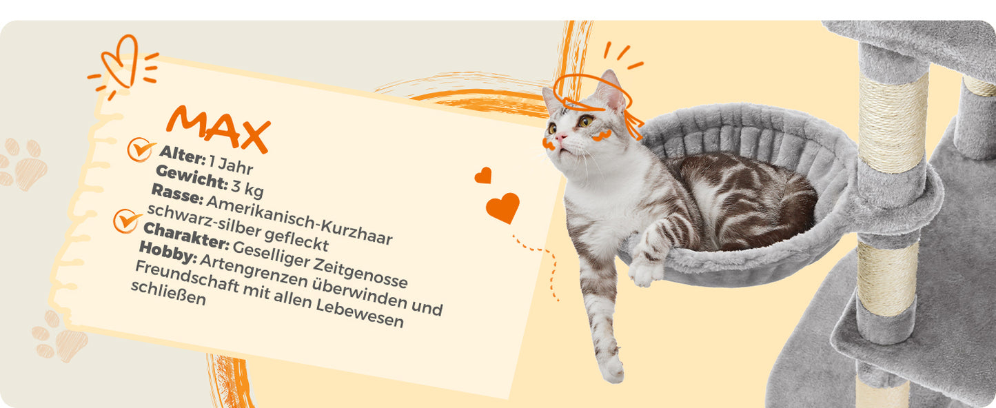 XXL-Kratzbaum/-bett mit 5 Ebenen, Höhlen, Hängematte & 13 Sisalstämmen für Mehrkatzenhaushalte