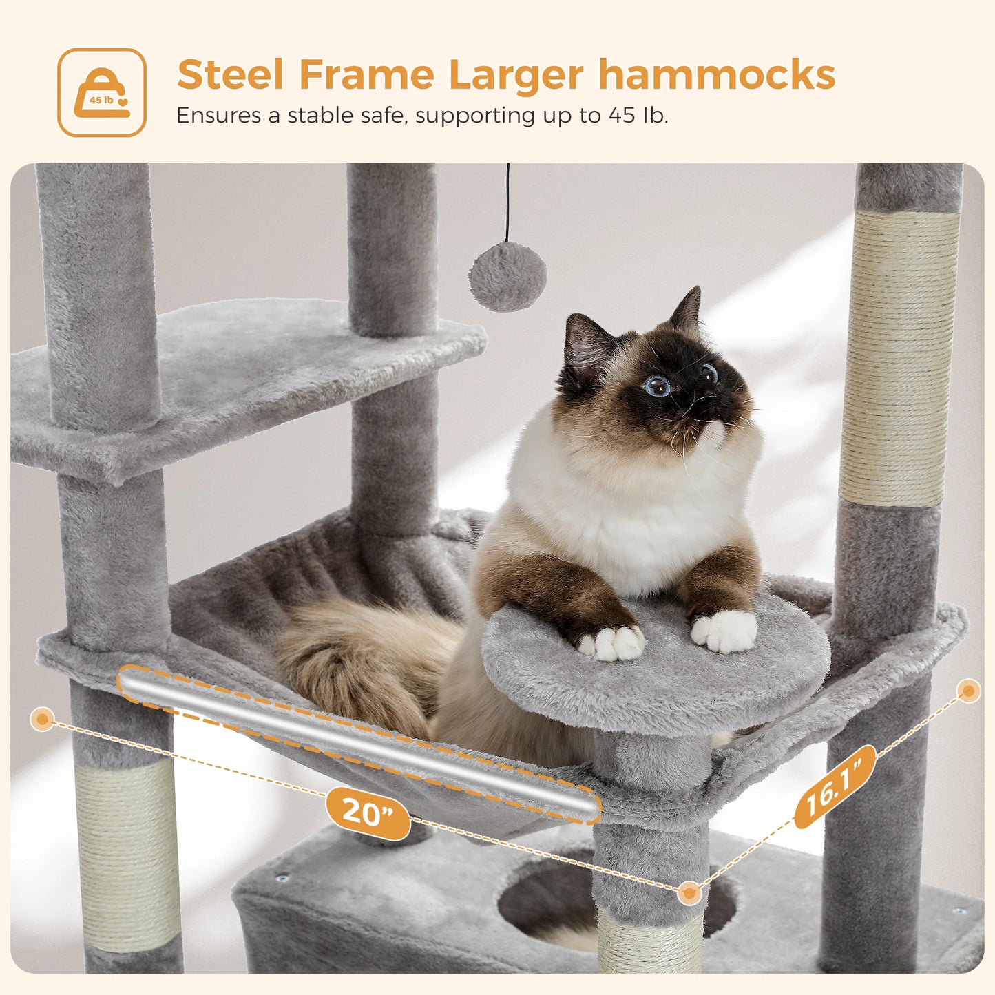 PAWZ Road „SkyLounge 184“ – XXL-Kratzbaum mit 8 Ebenen, Riesenhängematte/-bett, Sisalpfosten & Mega-Kuschelhöhle