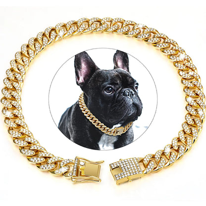 Livepetsme Luxuriöses Haustier-Halsband für Hund und Katze – Cuban Chain mit Strasssteinen für edle Spaziergänge