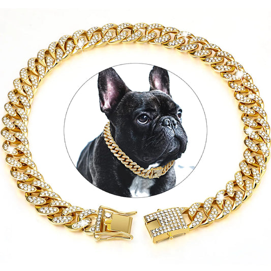 Livepetsme Luxuriöses Haustier-Halsband für Hund und Katze – Cuban Chain mit Strasssteinen für edle Spaziergänge