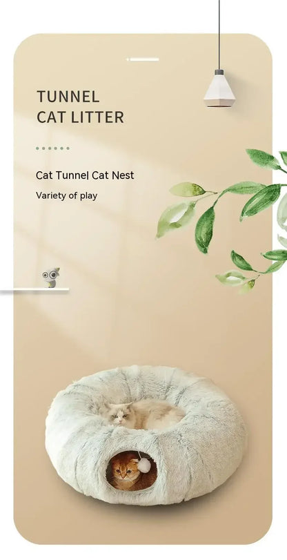 „SnuggleTunnel“ – Rundes Katzenbett mit integriertem Spieltunnel & waschbarem Kissen