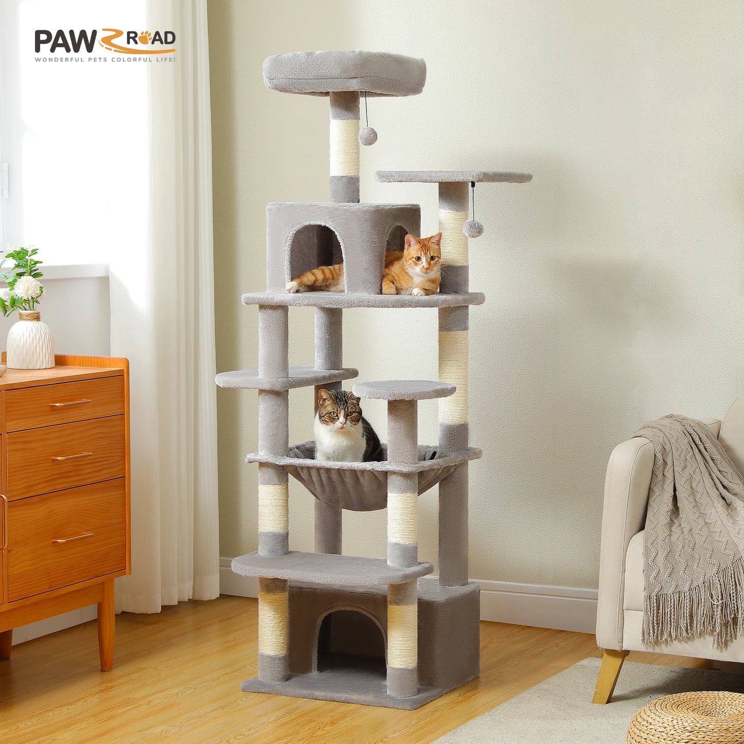 PAWZ Road „SkyLounge 184“ – XXL-Kratzbaum mit 8 Ebenen, Riesenhängematte/-bett, Sisalpfosten & Mega-Kuschelhöhle