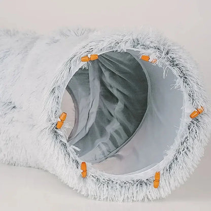 „SnuggleTunnel“ – Rundes Katzenbett mit integriertem Spieltunnel & waschbarem Kissen
