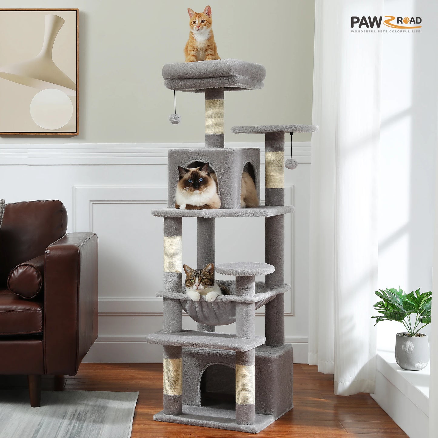 PAWZ Road „SkyLounge 184“ – XXL-Kratzbaum mit 8 Ebenen, Riesenhängematte/-bett, Sisalpfosten & Mega-Kuschelhöhle