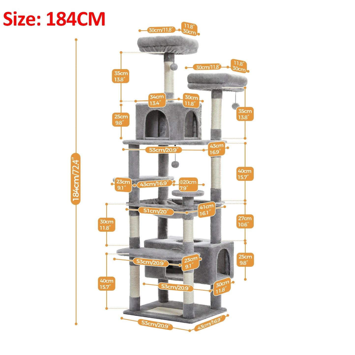 PAWZ Road „SkyLounge 184“ – XXL-Kratzbaum mit 8 Ebenen, Riesenhängematte/-bett, Sisalpfosten & Mega-Kuschelhöhle