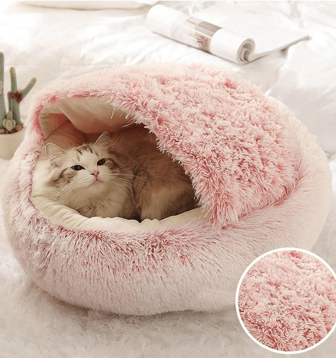 🐾 „SnuggleDome“ – Flauschiges 2-in-1 Katzenbett mit Höhlendecke & abnehmbarem Bezug