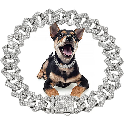 Livepetsme Luxuriöses Haustier-Halsband für Hund und Katze – Cuban Chain mit Strasssteinen für edle Spaziergänge