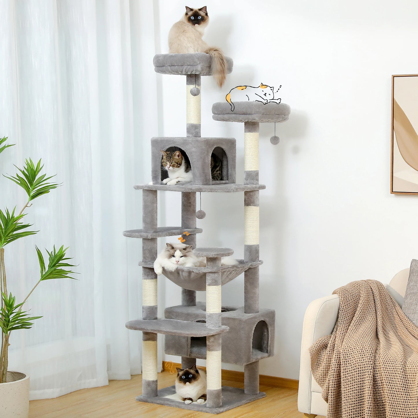 PAWZ Road „SkyLounge 184“ – XXL-Kratzbaum mit 8 Ebenen, Riesenhängematte/-bett, Sisalpfosten & Mega-Kuschelhöhle