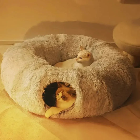 „SnuggleTunnel“ – Rundes Katzenbett mit integriertem Spieltunnel & waschbarem Kissen
