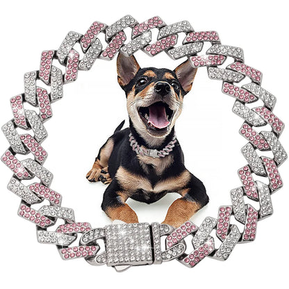 Livepetsme Luxuriöses Haustier-Halsband für Hund und Katze – Cuban Chain mit Strasssteinen für edle Spaziergänge