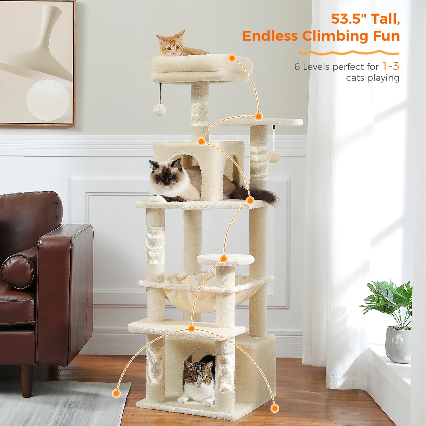 PAWZ Road „SkyLounge 184“ – XXL-Kratzbaum mit 8 Ebenen, Riesenhängematte/-bett, Sisalpfosten & Mega-Kuschelhöhle