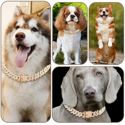 Livepetsme Luxuriöses Haustier-Halsband für Hund und Katze – Cuban Chain mit Strasssteinen für edle Spaziergänge