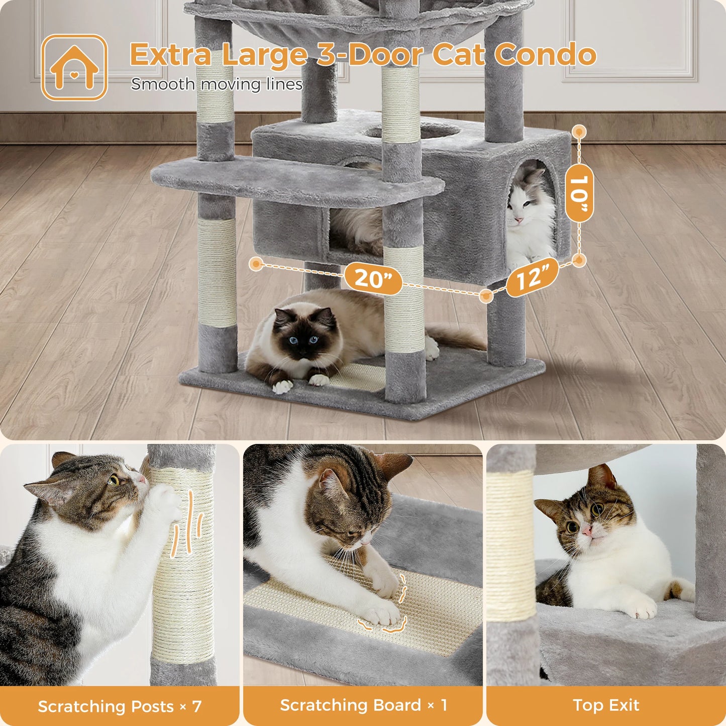 PAWZ Road „SkyLounge 184“ – XXL-Kratzbaum mit 8 Ebenen, Riesenhängematte/-bett, Sisalpfosten & Mega-Kuschelhöhle