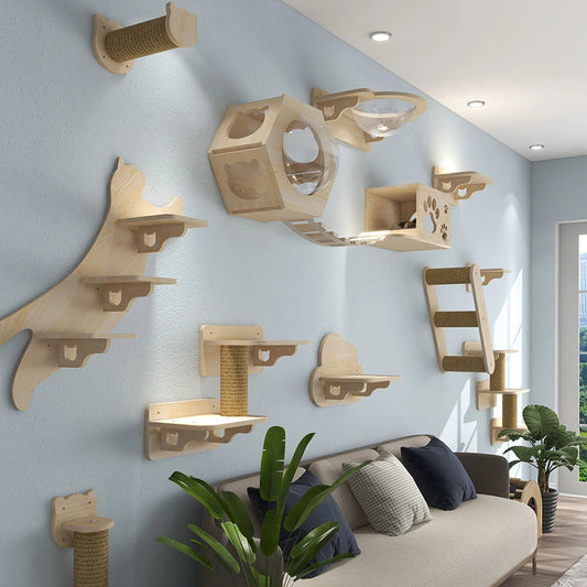 „SkyNest“ – Selbstzusammenstellbare Wandhängende Katzen-Hängematte aus Massivholz mit Kletter- und Kratzfunktion - Das etwas andere Spielzeug!