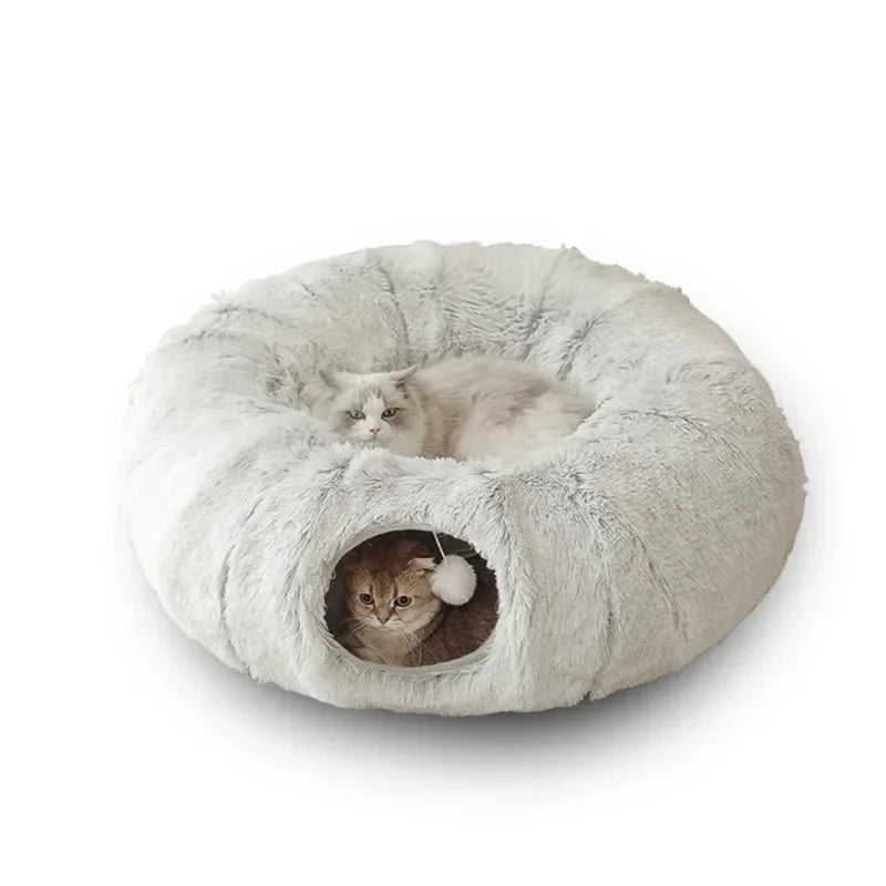 „SnuggleTunnel“ – Rundes Katzenbett mit integriertem Spieltunnel & waschbarem Kissen