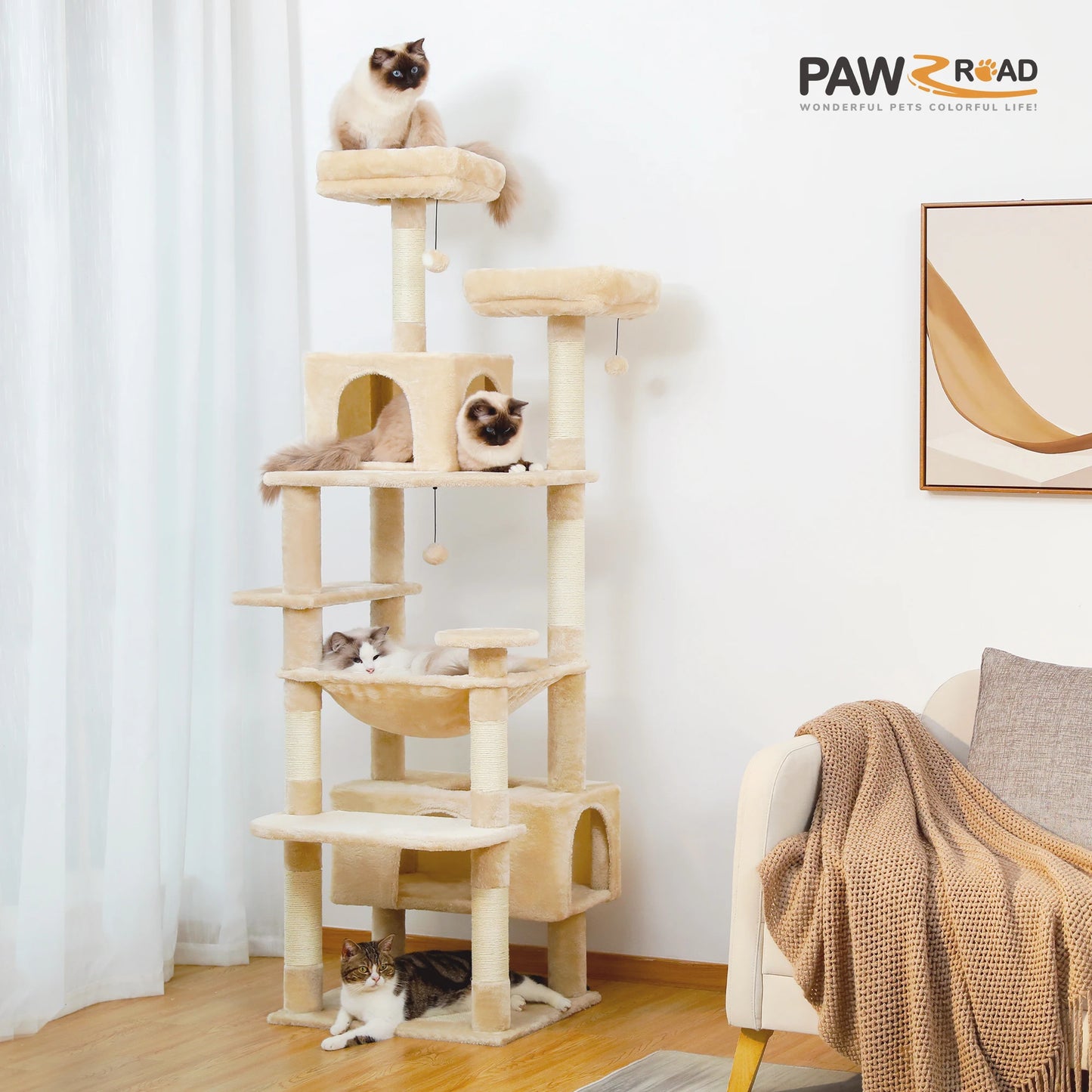 PAWZ Road „SkyLounge 184“ – XXL-Kratzbaum mit 8 Ebenen, Riesenhängematte/-bett, Sisalpfosten & Mega-Kuschelhöhle