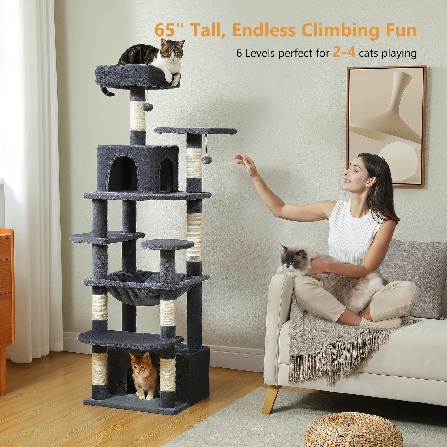 PAWZ Road „SkyLounge 184“ – XXL-Kratzbaum mit 8 Ebenen, Riesenhängematte/-bett, Sisalpfosten & Mega-Kuschelhöhle