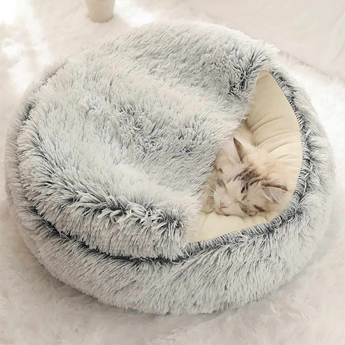 🐾 „SnuggleDome“ – Flauschiges 2-in-1 Katzenbett mit Höhlendecke & abnehmbarem Bezug