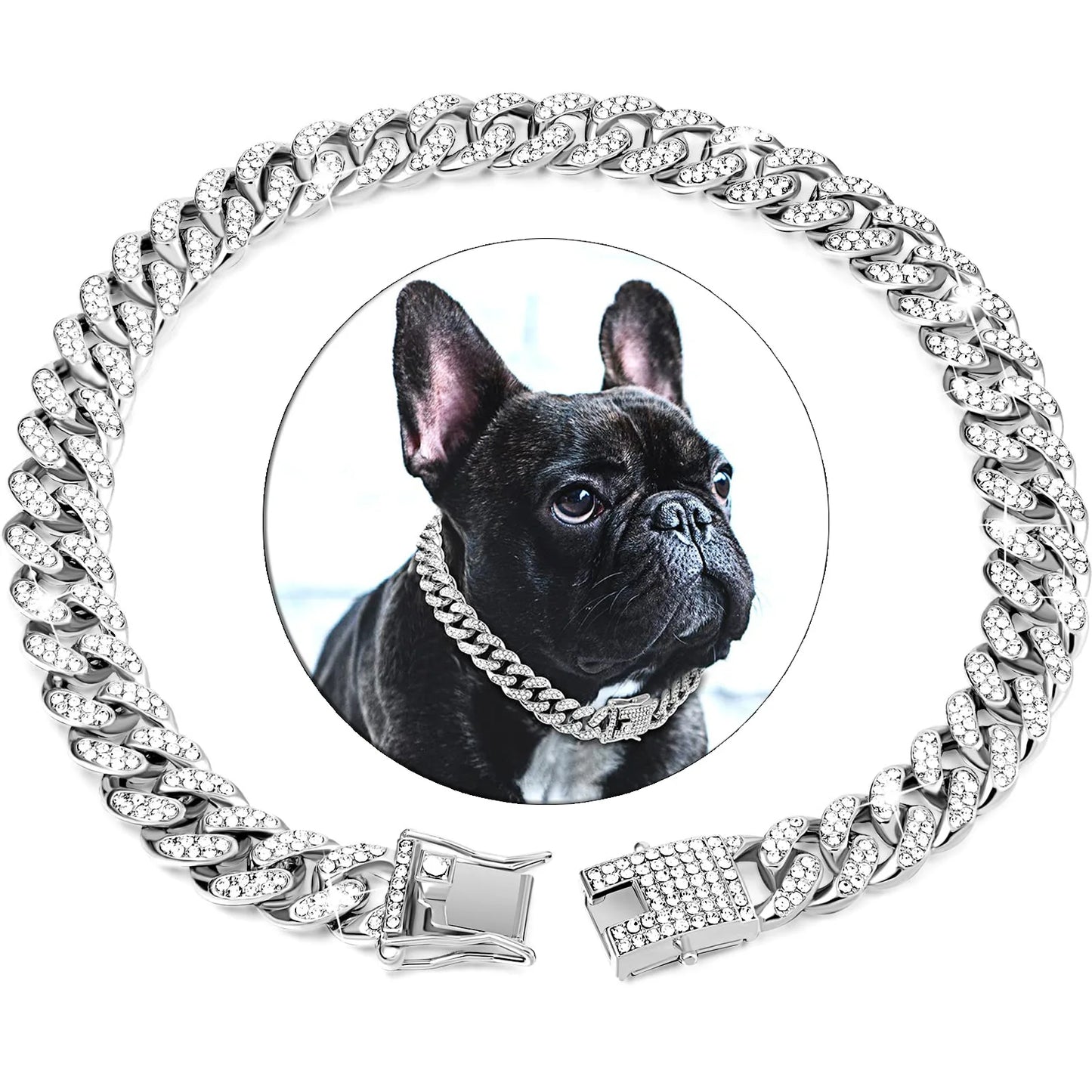 Livepetsme Luxuriöses Haustier-Halsband für Hund und Katze – Cuban Chain mit Strasssteinen für edle Spaziergänge