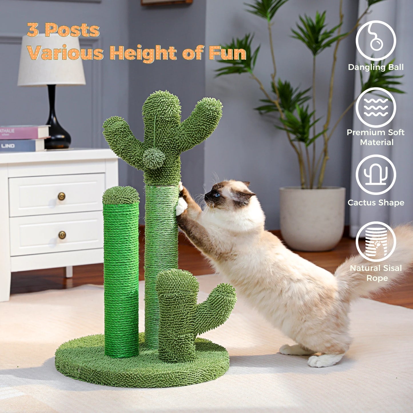 Kaktus Kratzbaum für Katzen mit 3 Sisal-Posten & Spielball – PAWZ Road